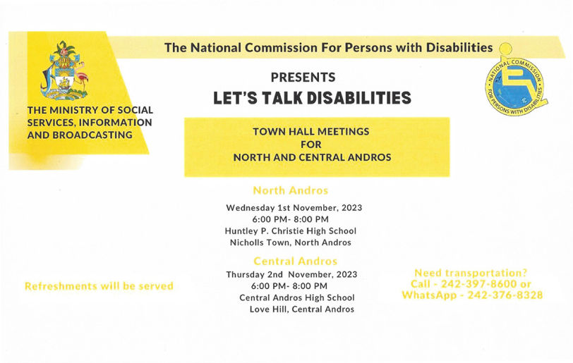 Let's Talk Disabilities Town Hall Meeting for North and Central Andros Wednesday 1st November, 2023 at 6pm to 8pm